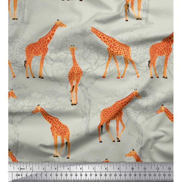 Soimoi Gray Satin Silk Fabric Giraffe Forest Decor Fabric Printed BTY 42 Inch Wide