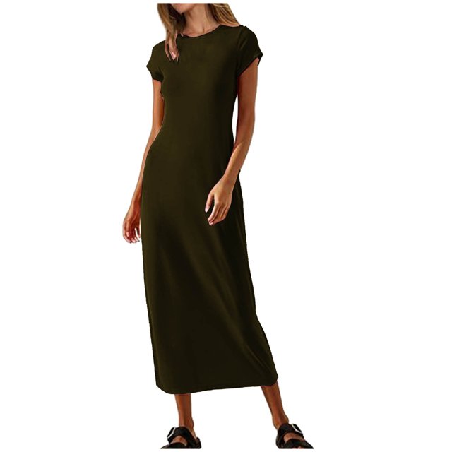 PEZHADA Longue Robe pour Femmes Été Robe Décontractée pour Femmes à Col Rond Couleur Unie Longue Robe à Manches Courtes Robe à Col Rond à Manches Longues Longue Robe à Manches Longues Longue Robe pour Femmes