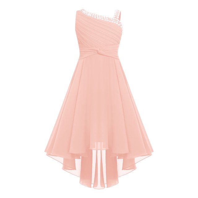 RUNQHUI Robe Pailletée Sans Manches pour Fille, Bretelles Asymétriques, Nœud Torsadé, Maxi de Mariage Rose 12