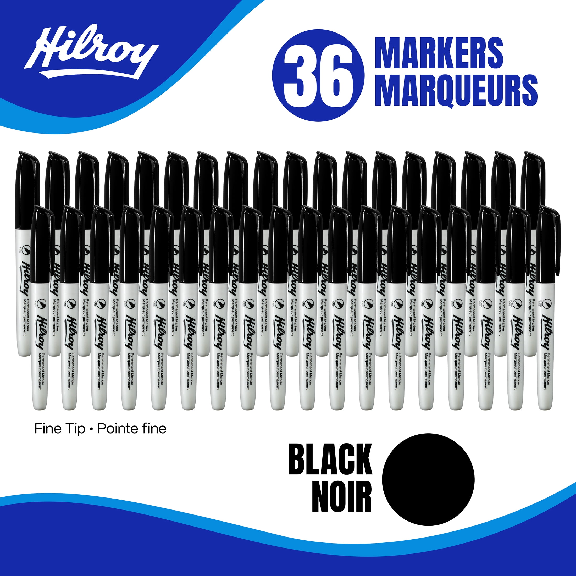 Hilroy Marqueurs permanents, marqueur permanent, faible odeur, pointe fine, noir, paquet de 36
