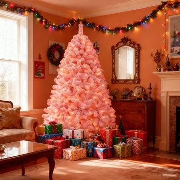 DEXTRUS 6Ft Pre-lit Flocked Artificial Christmas Tree with 928 PVC Tips & 250 Warm-White Lights, Pink