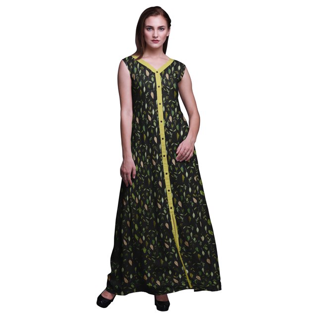 Bimba Leaves Printed Front Slit Sleeveless Summer Spring Long Women BeachDress-Small