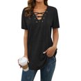 thumbnail image 1 of MY Women Solid Color Short Sleeve Tunics Lace-up V Neck Top, 1 of 4