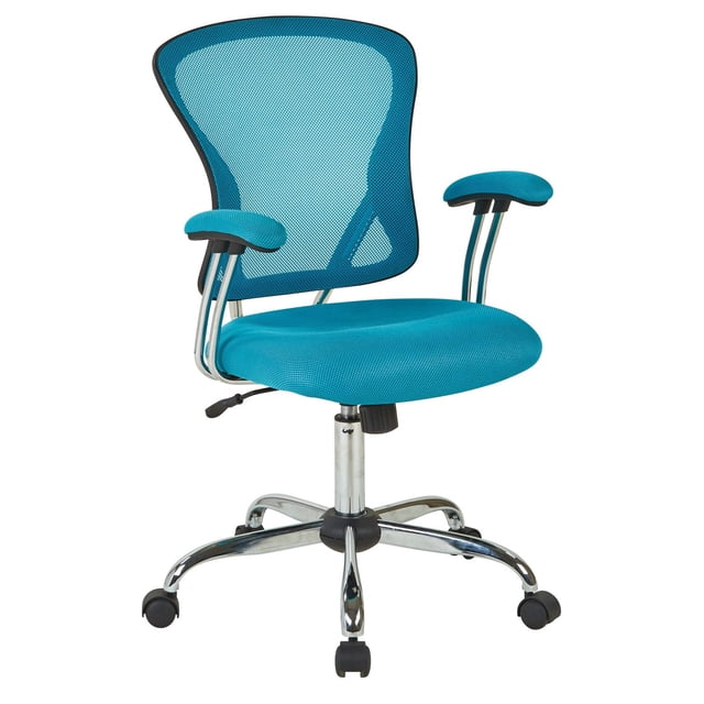Juliana Task Chair with Blue Mesh Fabric Seat featuring a breathable curved mesh backrest, padded armrests, and cushioned seat on a chrome five-star base with dual-wheel carpet casters and height adjustment lever, suitable for office or study use.