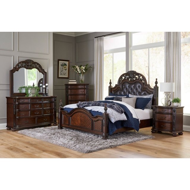 Finition Cerisier Formel Traditionnel 4 Pcs Lit Très Grand Table de Chevet Commode Miroir Ensemble Mobilier en Bois