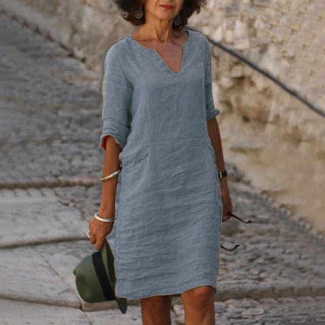 JUNWELL Robe Courte Vintage Unie Femme Mode Été Col en V Manches Trois Quarts Coton Lin Robes de Soirée Dames Décontracté Femme Vestidos