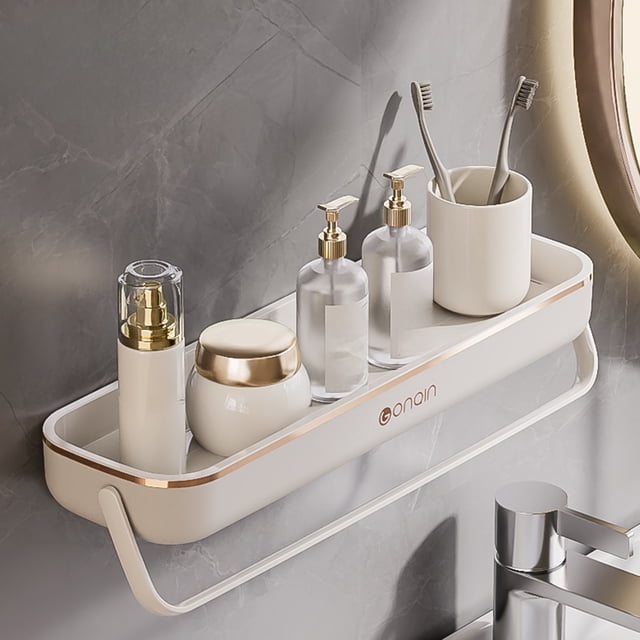 No Drill Wall Mounted Towel Rack Bathroom Shelf Plastic Storage Solution Modern Design Easy Install Stable Bracket Multifunctional Convenient Organizer 16in Long Lasting