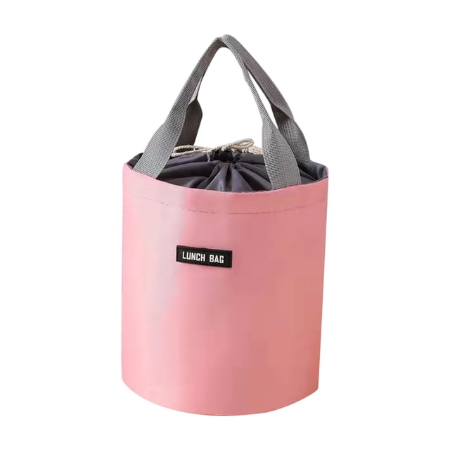 Cylinder insulation lunch box bag with a pink exterior and gray handles, designed for portability. Made of cloth and thickened aluminum foil for enhanced heat and cold preservation. Features a drawstring closure and a front pocket for storing small items like utensils or a phone. Suitable for work, school, travel, or shopping.