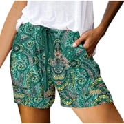 Plus Size Shorts for Women Elastic Waist Drawstring Pocket Print Casual Summer Bottoms
