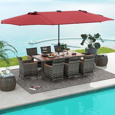 Costway 11 PCS Patio Dining Set with 15 ft Double-Sided Patio Umbrella 8 Armchairs Wine