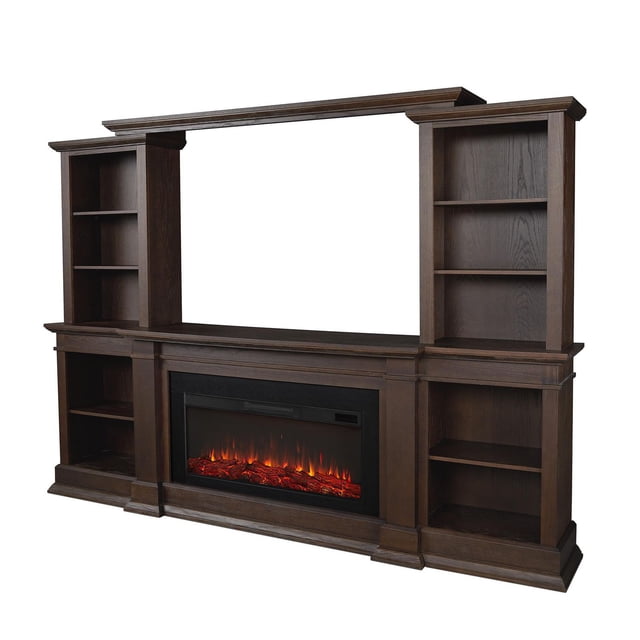MonteVista Electric Media Fireplace in Chestnut Oak with hardwood veneered MDF frame, featuring a central electric fireplace insert with glowing flames and ember bed, flanked by two bookcases with multiple shelves and a wide mantel designed to hold flat screen TVs up to 60 inches, suitable for supplemental heating in rooms up to 1,000 square feet.