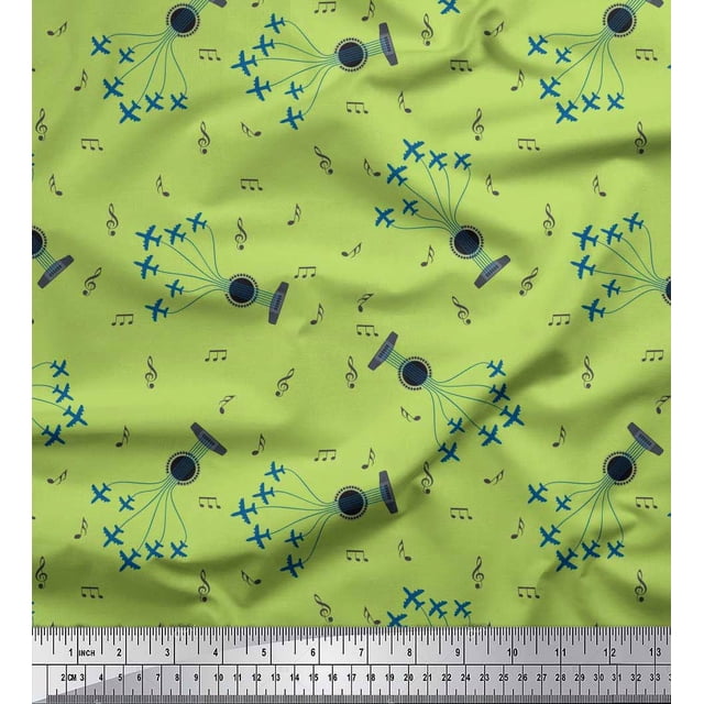 Soimoi Poly Georgette Fabric Airplane,Guitar Wire & Notes Musical Instrument Printed Craft Fabric by The Yard 52 Inch Wide