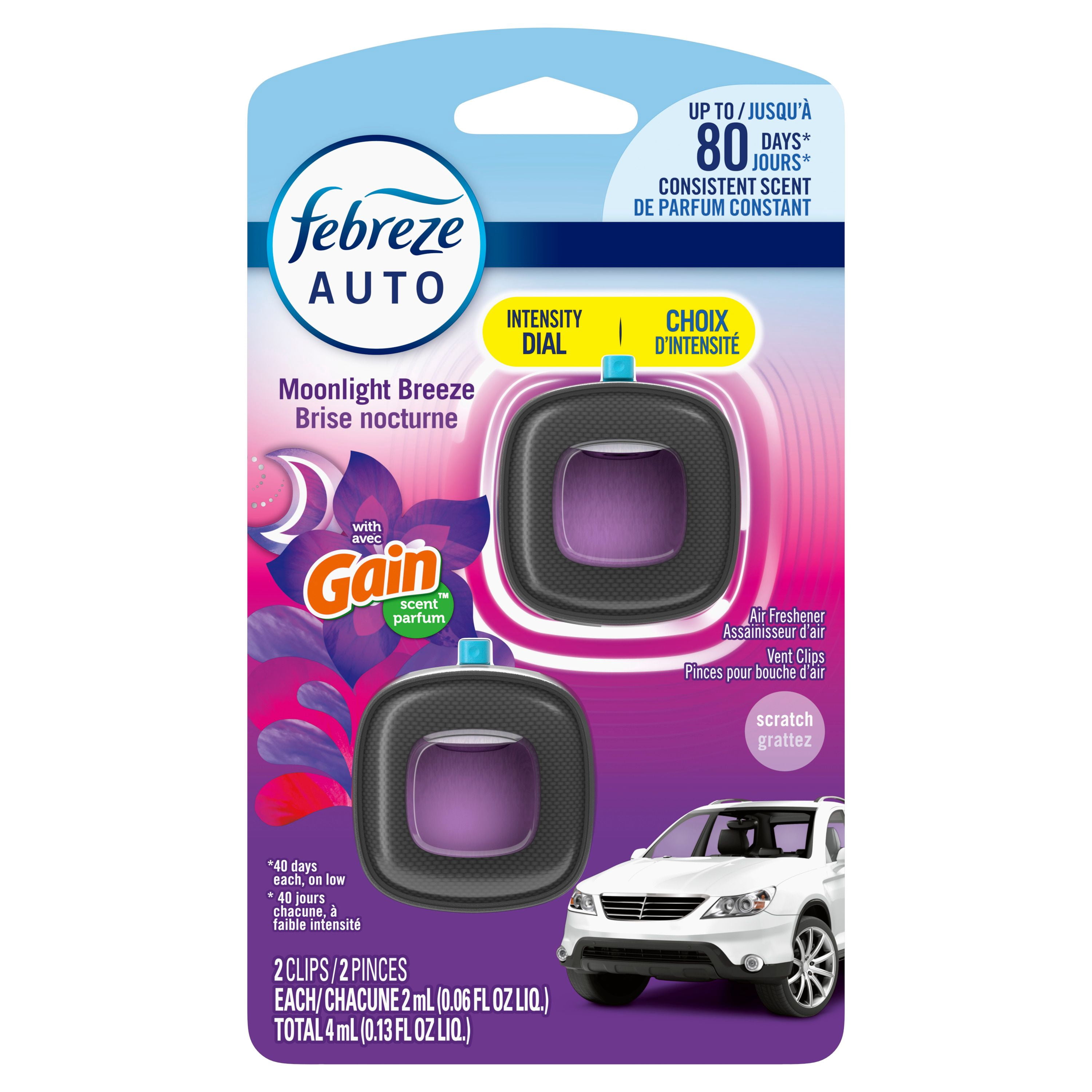 Febreze Assainisseur d'Air pour Auto, Pince pour Bouche d'Air d'Auto Anti-Odeurs, Parfum Gain Brise Nocturne, 2 Unités