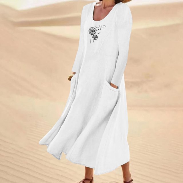 Meichang Robes d'Été Décontractées pour Femmes, Robes Maxi Évasées en Coton et Lin, Manches Longues, Encolure Dégagée, Imprimé Pissenlit, Robes Amples en Lin avec Poches, Blanc TTG
