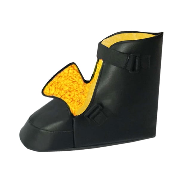 Foot Rehabilitation Shoes Toe Orthopedic Support Brace in size L, designed for post-op recovery and foot rehabilitation. The shoe features a black PU leather exterior with a bright yellow fluffy interior for autumn and winter use. It includes a curved sole to reduce pressure on the forefoot and heel, a non-slip sole for stability, and adjustable straps for a secure fit. Suitable for left or right foot.