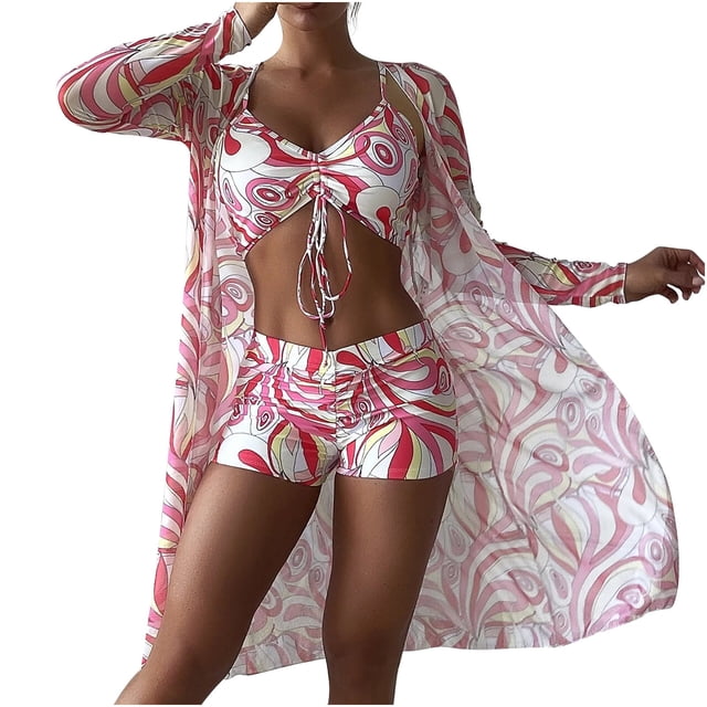 3 Piece Swimsuit Womens Printed Bathing Suits Drawstring Bikini Set Long Sleeve Beach Cover Up Boy Shorts Swimwear (Small, Pink)