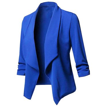 Atogsazn Womens Casual Blazers Jacket 3/4 Sleeve Open Front Business Suit Coat Solid Color Tops Blue XL Fashion