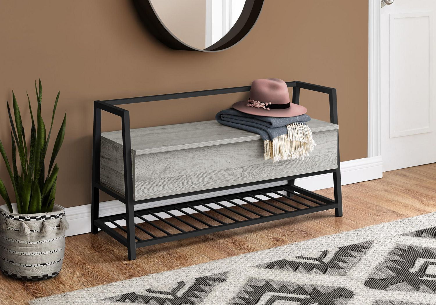 Monarch Specialties Bench, Entryway, Hallway, Storage, 42" Rectangular, Metal, Laminate, Grey, Black, Contemporary, Modern