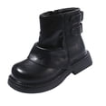 thumbnail image 2 of NOKIO Girls’ Chun𝗄y Heel Ankle Boots, Leather Pull-On Booties with Two Buckle Straps, Round Toe Comfortable Platform Winter Shoes, 2 of 4