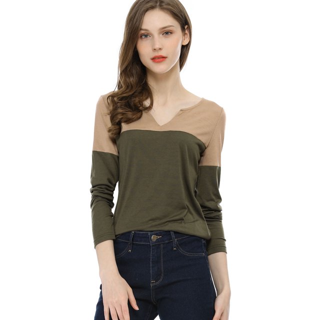 Unique Bargains T-Shirt Décontracté à Manches Longues et Col en V Fendu pour Femmes