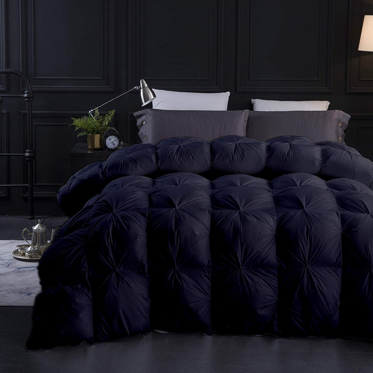 Black All Season Down Pin-Tuck Comforter- Grand King Size 106 x 106 Inches 1 pc Pinch Pleated Comforter 600 GSM & 4-Corner Tab's 100% Egyptian Cotton- Black Solid