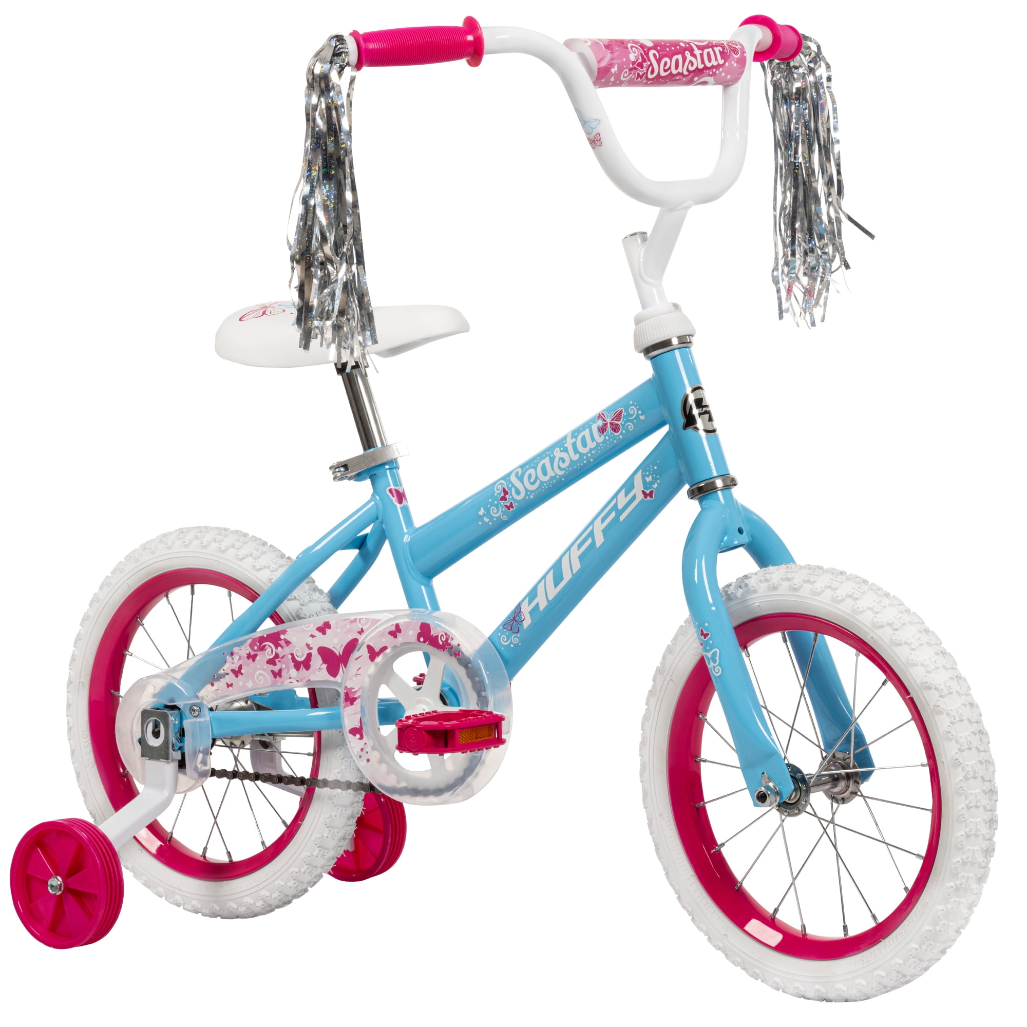 Huffy Sea Star 14-inch Girls’ Bike with Training Wheels, Blue/Pink