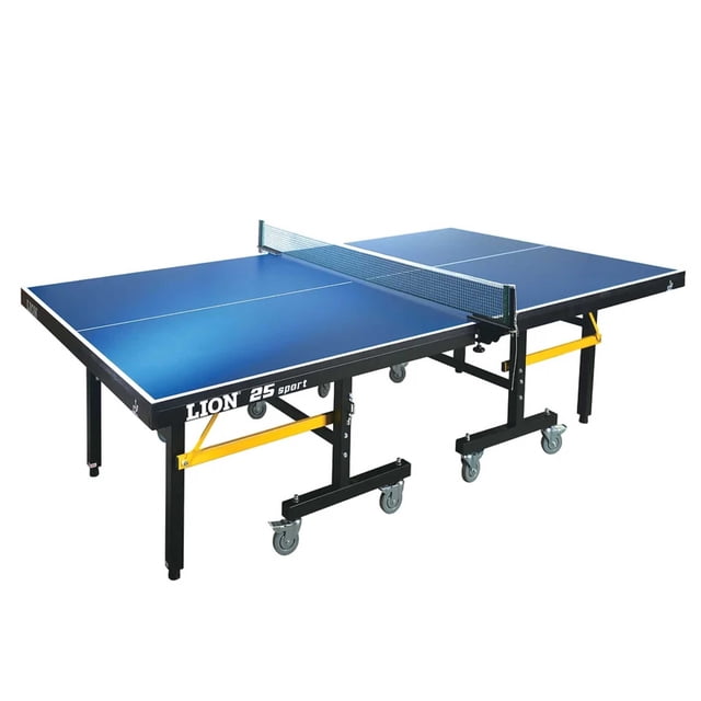 Swiftflyte™ Lion® 25 Sport Competition Premium Professional Table Tennis/Ping Pong Table with a blue 25 mm MDF top, black metal frame with yellow support braces, lockable wheels, and clip-on net, folding for easy storage and solo play.