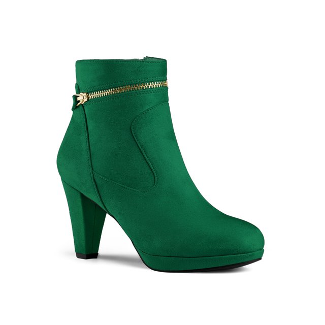 Unique Bargains Women's Slip On Zip Round Toe Heel Ankle Boots Green (Size 9)