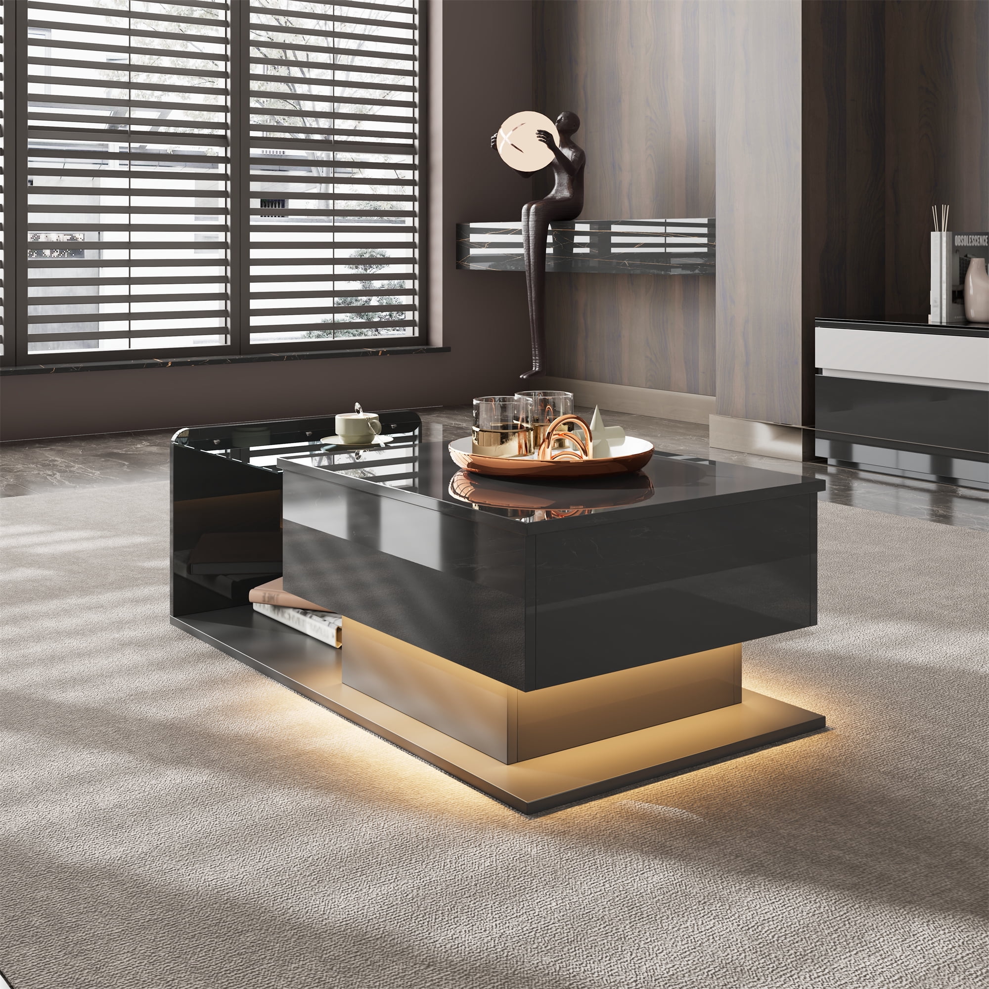 Noble House Table Basse Élévatrice Brillante, LED Contrôlé par Application et Hauteur Réglable avec Dessus en Verre et Rangement, Noir