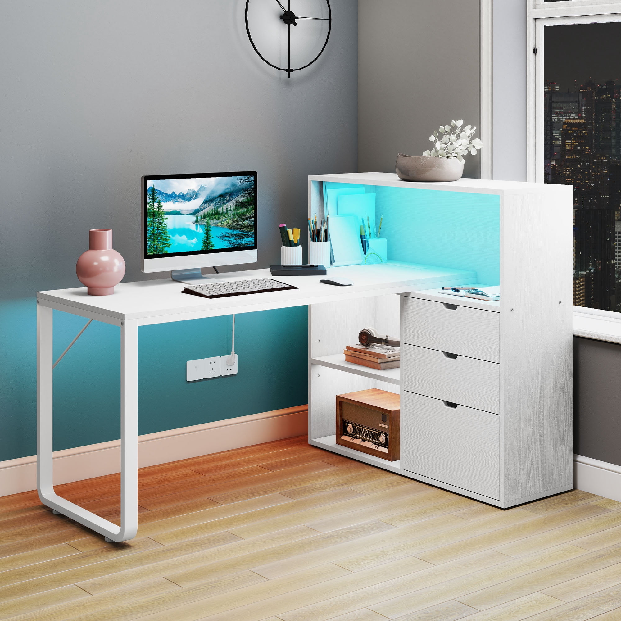 DEXTRUS 55" L-Shaped Computer Desk with Power Outlets and LED Lights, Corner Office Desk Computer Desk with File Drawers & Open Shelves, White