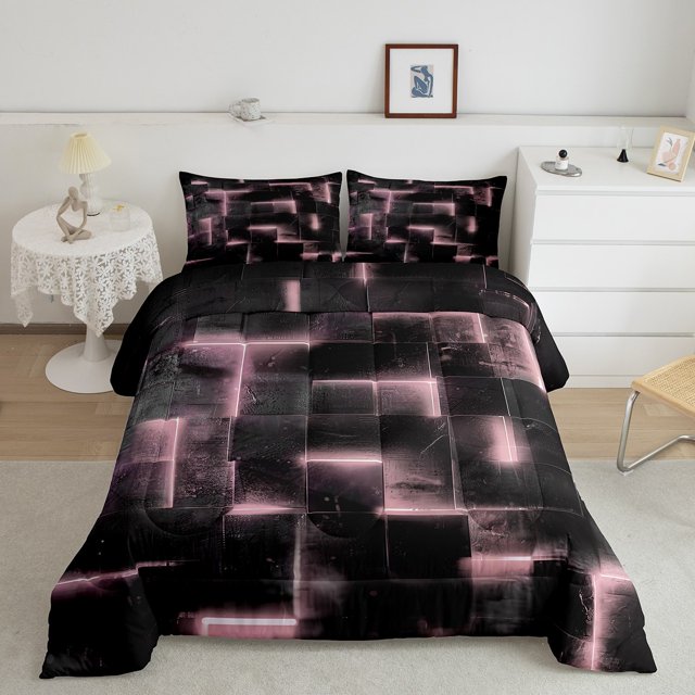YST Pink and Black Comforter Set Twin,3D Geometric Checkered Bedding Set for Boys Girls,Abstract Neon Square Comforter Set Reversible Soft,Stereoscopic Geometry Grid Quilt Bed Set 2Pcs