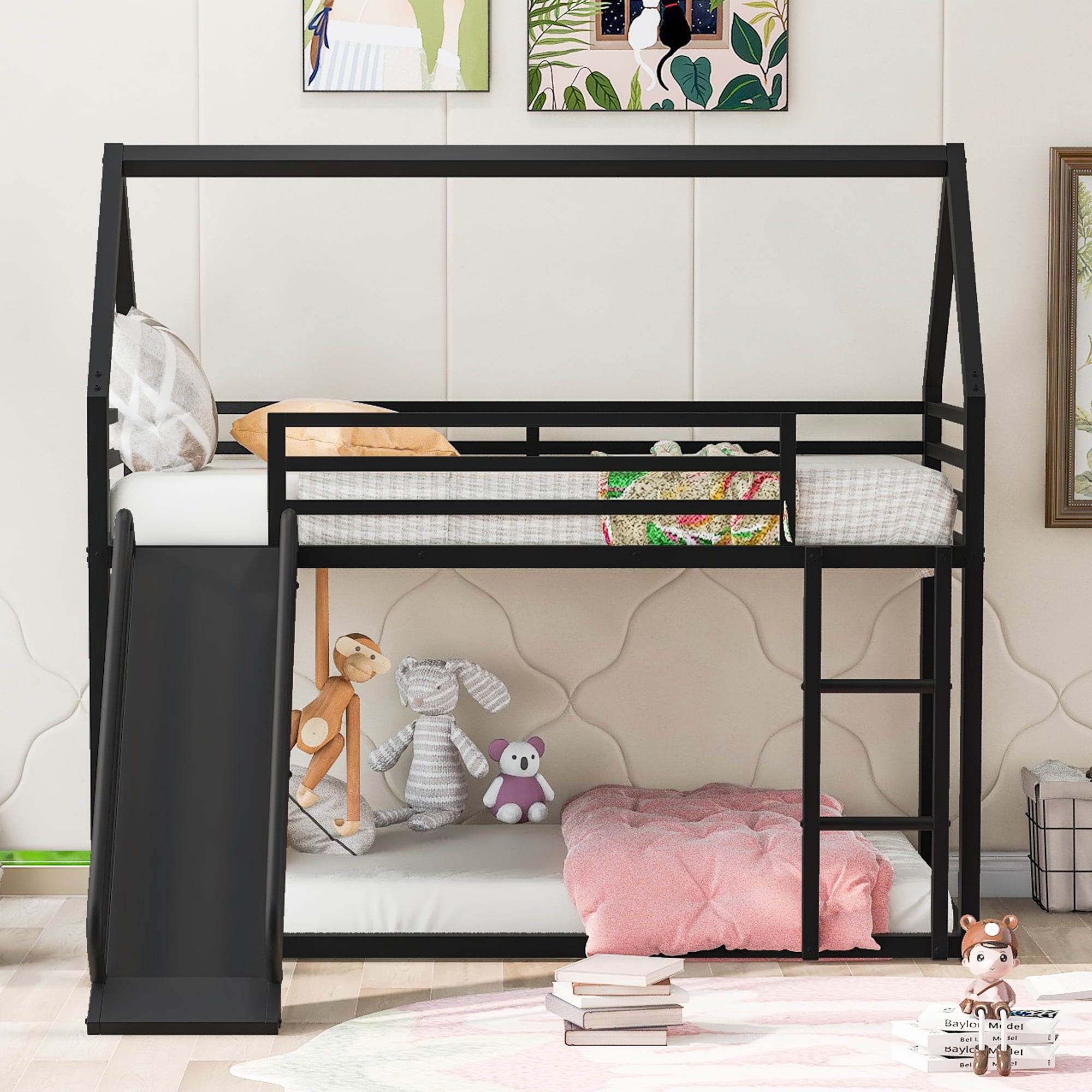 Noble House Twin over Twin House Bunk Bed with Ladder and Slide,Black