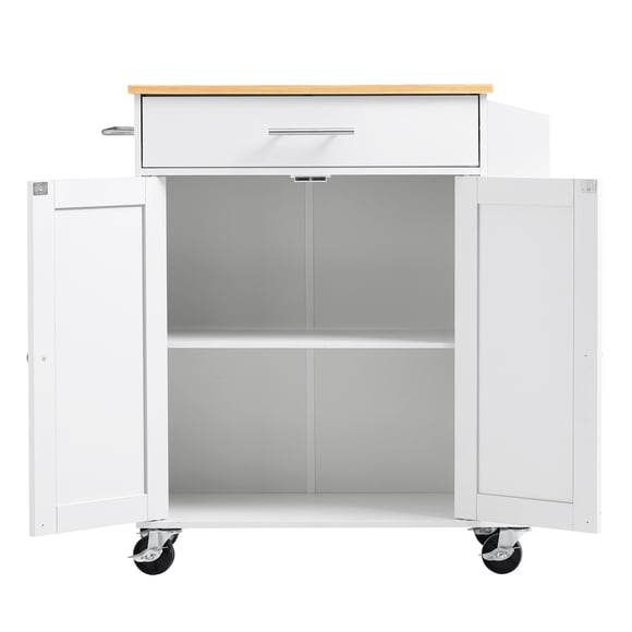 KFFKFF Kitchen Island Cart with Storage, 31.3 in Wide Mobile Rolling Storage Island on Swivel Wheels, with Drawer, Storage Cabinet, Spice/Towel Rack, Table for Home Dining Room, White