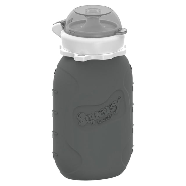Squeasy Gear Pochette pour Nourriture pour Bébé en Gris avec Capacité de 6 Oz, Dotée d'Une Grand Ouverture et d'Un insert Amovible Anti-Renversement en Attente de Brevet sous un Capuchon Gris Translucide, Conçue pour un Remplissage Facile et l'Alimentation en Déplacement avec des Purées, du Yogourt et des Jus.