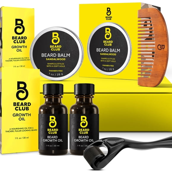 The Beard Club Enhanced Beard Growth Kit - Derma Roller Beard Growth Oil (2PK) Sandalwood Beard Balm Beard Comb - Gift Set