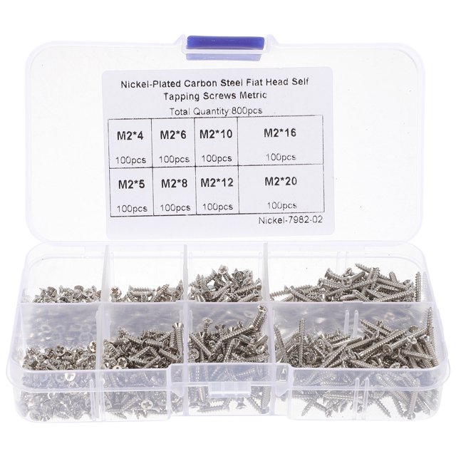 1 Ensemble de Vis à Enfoncer Tête à Enfoncer Vis en Bois M2 Auto-Enfoncement. l'Image Affiche une Boîte de Rangement en Plastique transparent Contenant 800 Argent Vis M2 Auto-Enfoncement en Tailles Assorties, Soigneusement Disposées dans des Compartiments Étiquetés. Fabriquées en Acier au Carbone, Ces Vis Présentent une Rainure Croisée standard pour un Verrouillage Sécurisé et Sont Conçues pour une Haute Résistance et une Résistance à la Déformation. Convenant au Bois, au Fer Mince et à Diverses Tâches de Réparation, Y Compris l'Électronique