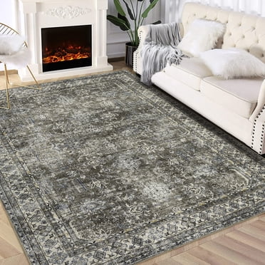 FairOnly Area Rugs 9'x12' Machine Washable Rugs,Large Carpets,Floral Vintage Print Pattern Non Slip Floor Carpet, for Living Room Bedroom Dining Room,Blue