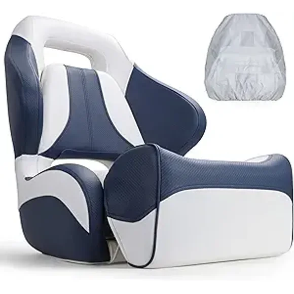 NORTHCAPTAIN Premium Pontoon Captain's Chair Sport Flip Up Boat Bucket Seat with Boat Seat Cover,White/Navy Blue