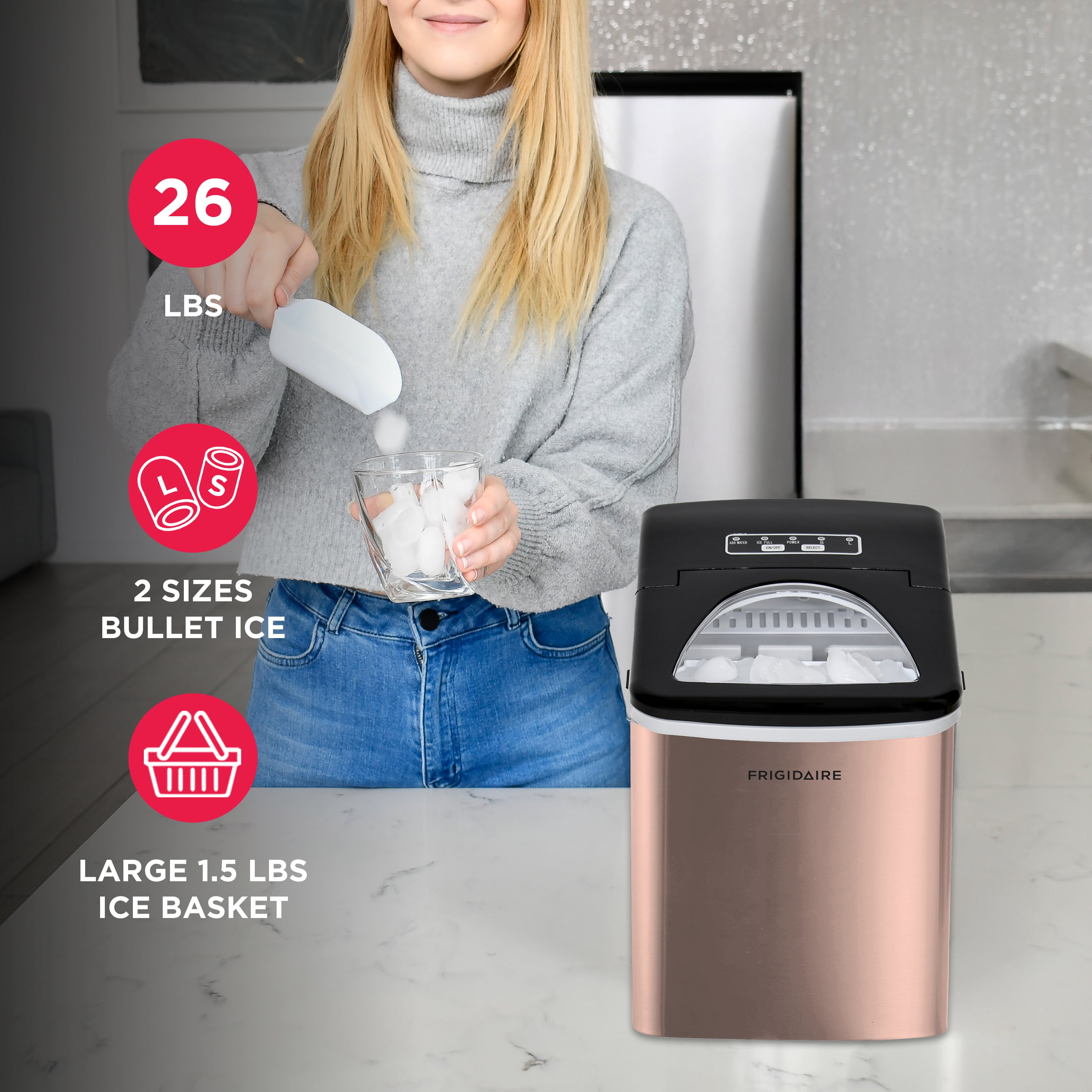 Machine à glaçons Frigidaire de 12 kg (26 lb), modèle Bullet, à poser sur le comptoir, avec commandes LED, en acier inoxydable cuivré.