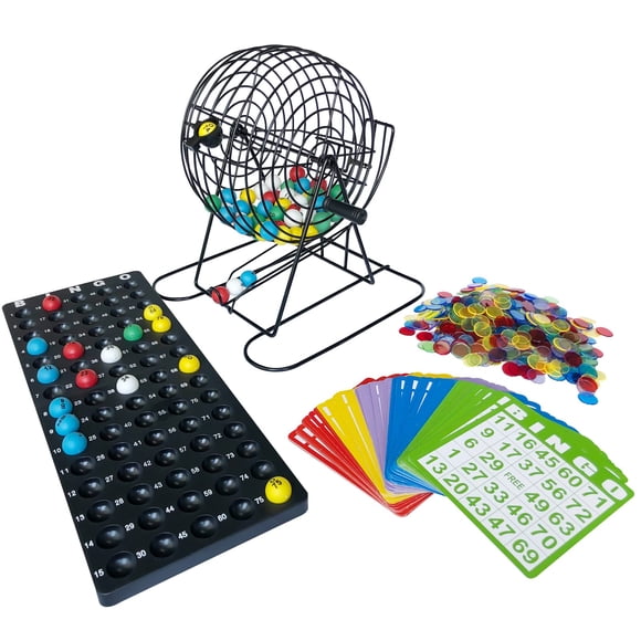 Yuanhe Ensemble de Jeu de Bingo Jumbo - Cage Métallique de 11 Pouces de Hauteur avec Panneau d'Appel, Balles de Bingo de 7/8 Pouces, 500 Jetons de Bingo, 100 Cartes de Bingo pour Jeux de Grand Groupe â¦