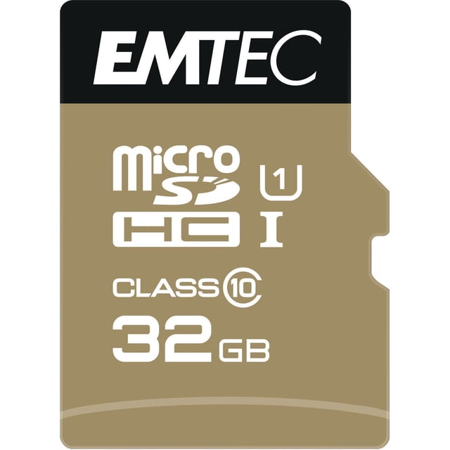 Emtec CL10 U1 32 GB MSD Gold Card with a close-up front view of a gold and black microSDHC digital memory card featuring white text for Class 10, UHS-I U1 speed rating, and 32 GB capacity, ideal for expanding storage in smartphones and tablets.