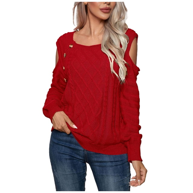 Yuyuzo Womens Crewneck Tops Long Sleeve off Shoulders Button Knit Pullover Solid Color Fall Tops