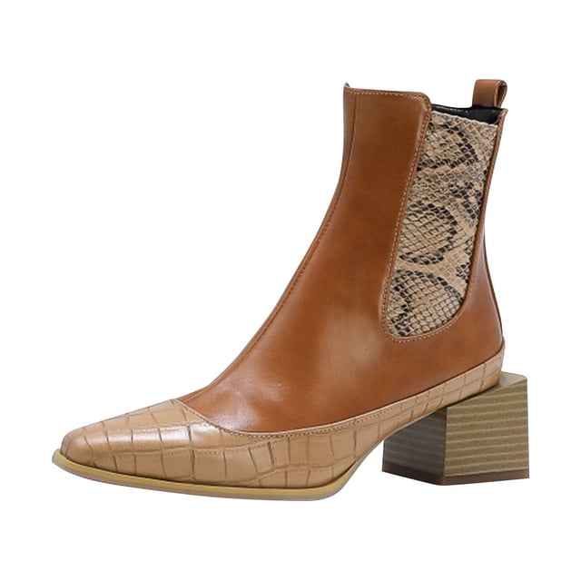 jovati Womens Snake Print Colorblock Square Heel Side Zipper Mid Heel Knight Boots