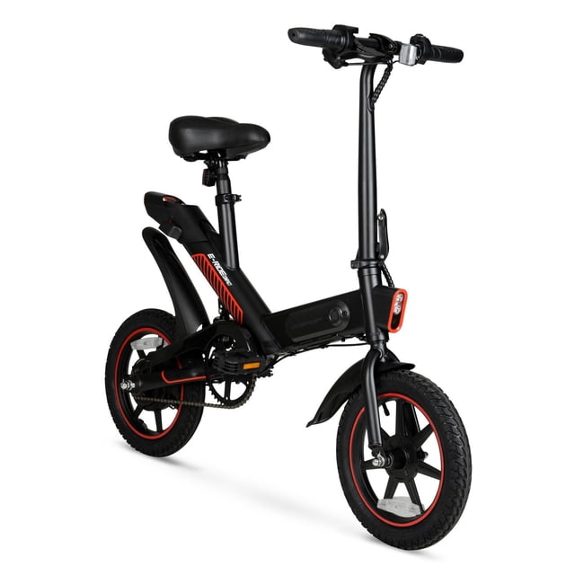 Hyper Bicycles 14" 36V Foldable Compact Electric Bike with 350W motor and electronic throttle, black frame with red accents, foldable handlebar and pedals, adjustable seat, LED headlight and rear light, and 14-inch air-filled tires, suitable for commuting and riders 14 years and up.