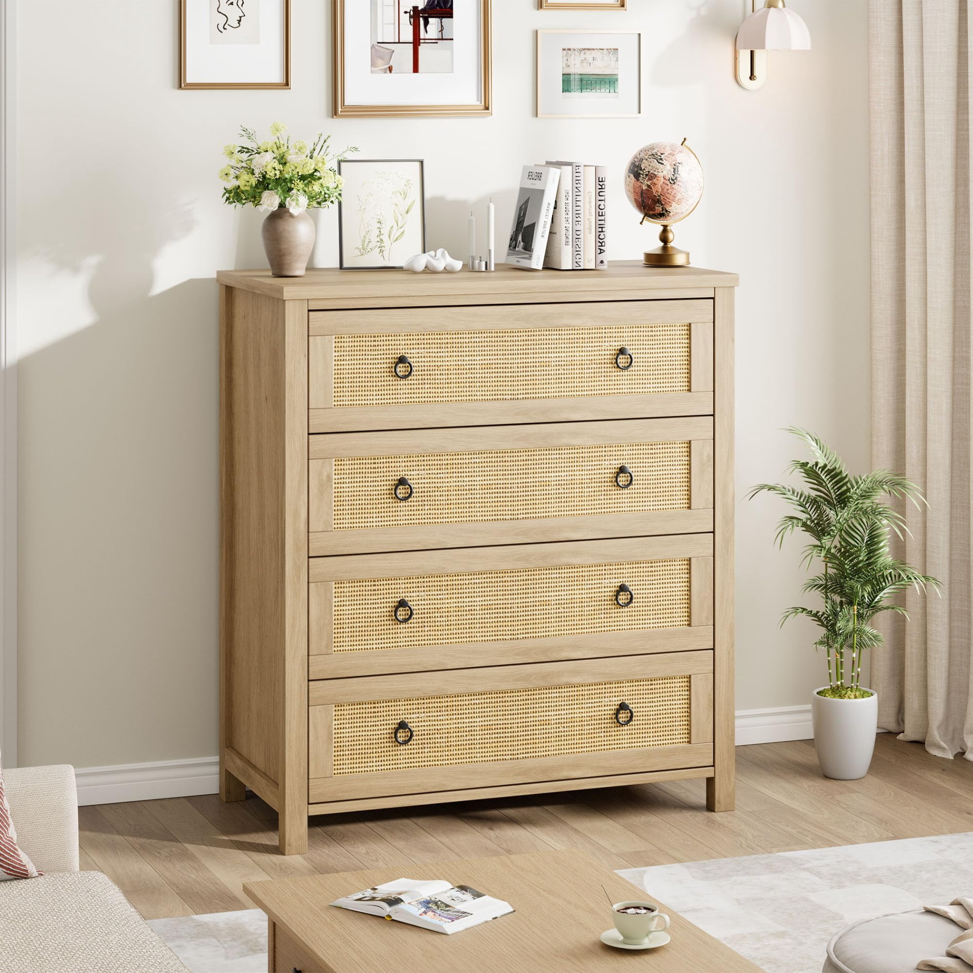 37" H Rattan 4-Drawer Dresser for Bedroom, Bohemian Wood Chest of Drawers with Large Storage, Modern Clothes Organizer for Living Room and Entryway, Oak