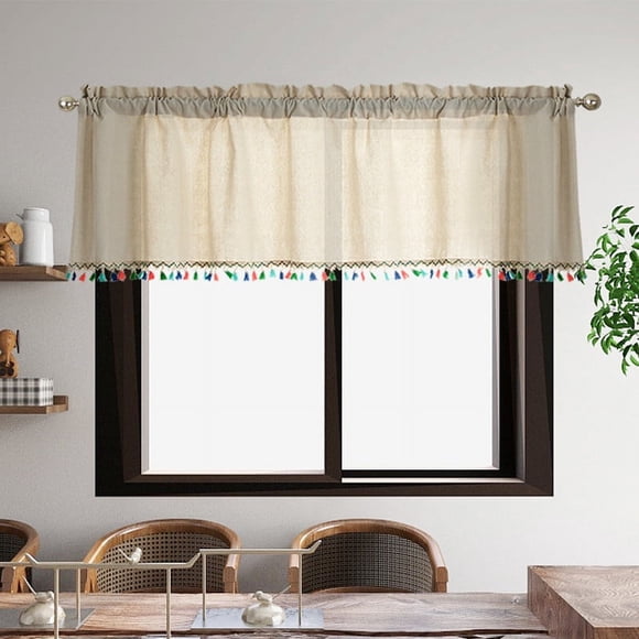 Linen Short Curtains for Window Kitchen,Boho Kitchen Curtains with Tassel,Modern Farmhouse Cotton Linen Short Window Panel Country Plaid Tassel Cafe Semi-Transparent Small Tier Curtain Decor