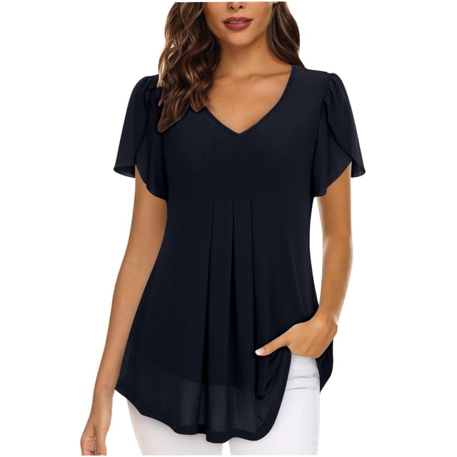 Birdeem T-Shirt à Manches Courtes en Chiffon Uni Décontracté Col en V pour Femmes
