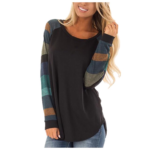 Pompotops Haut Décontracté à Manches Rayées Patchwork pour Femmes T-Shirt Ample à Manches Longues Blouse