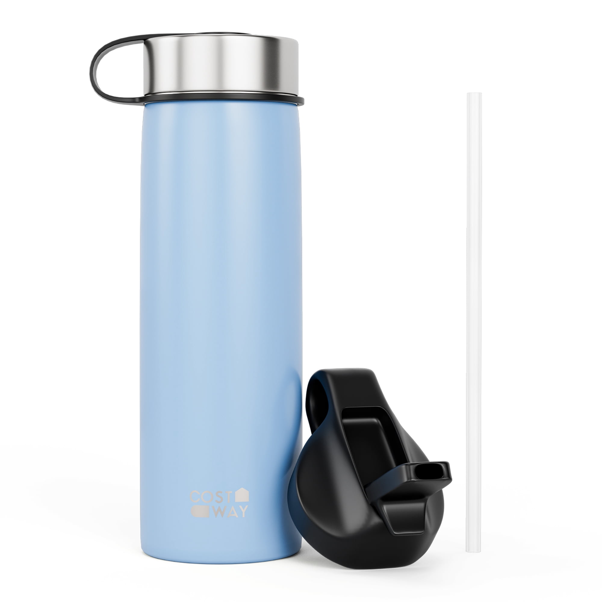 Costway Bouteille d'Eau Isolée à Double Paroi 22 oz en Acier Inoxydable avec 2 Couvercles et Paille