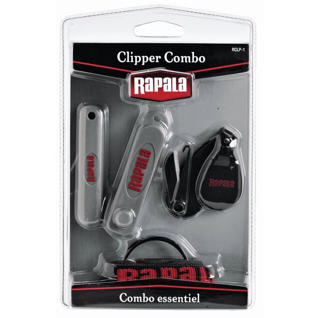 Rapala Clipper Combo fishing pliers set in clear packaging featuring a lightweight grey clipper with red Rapala logo, lure tuning tool, line pick, cutting knife, retractable aluminum oxide stone hook sharpener, jig punch, and black and red lanyard for neck wear, suitable for fishing line cutting and lure maintenance.